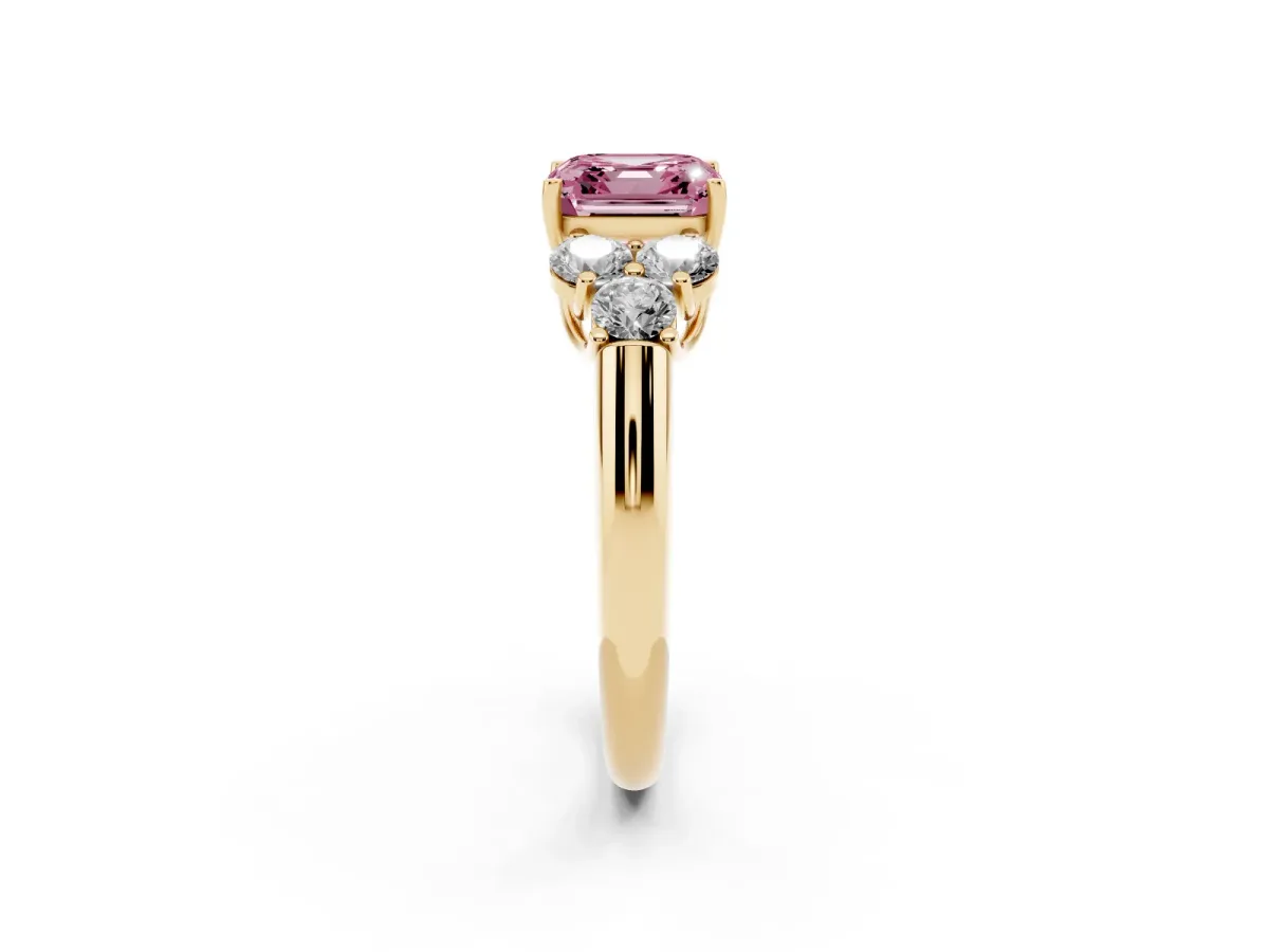 Fancy Pink Asscher Cut Cut Diamond Cluster Ring with Round Accent Stones and Prong Setting on a Classic Band Yellow gold