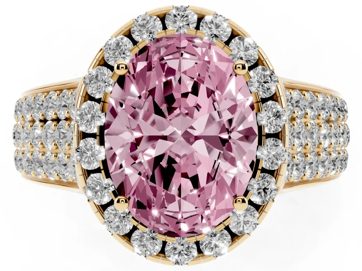 Fancy Pink Oval Cut Halo Round Diamond Pave Band with Prong Setting Yellow gold