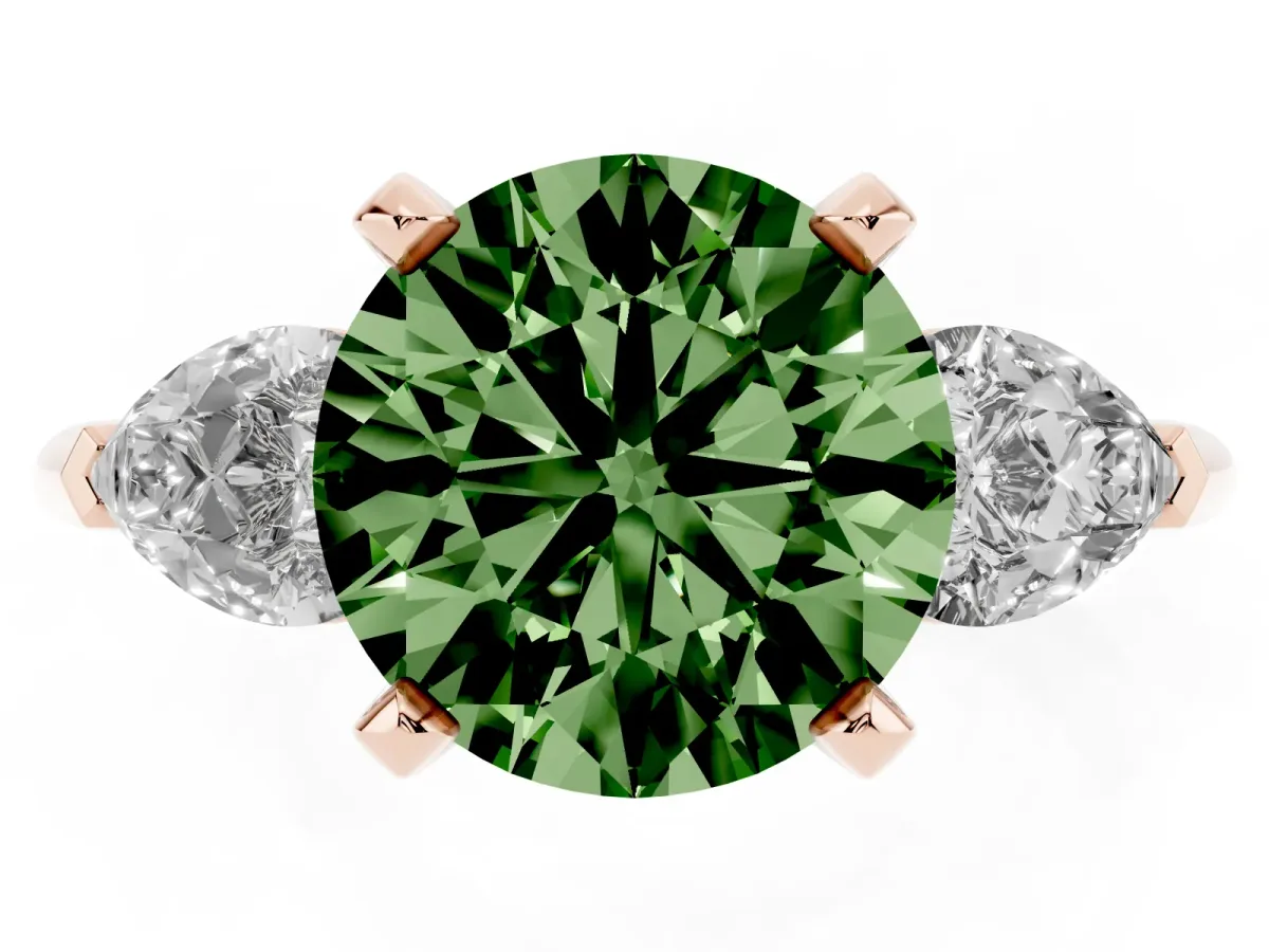 Fancy Green Three-Stone Round Cut Diamond Ring with Pear Side Stones and Four-Prong Setting Rose gold
