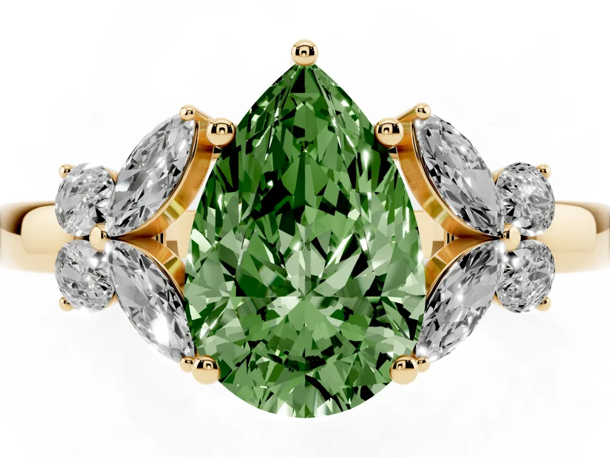 Fancy Green Pear Cut Cut Solitaire Floral Diamond Ring with Four-Prong Setting Yellow gold