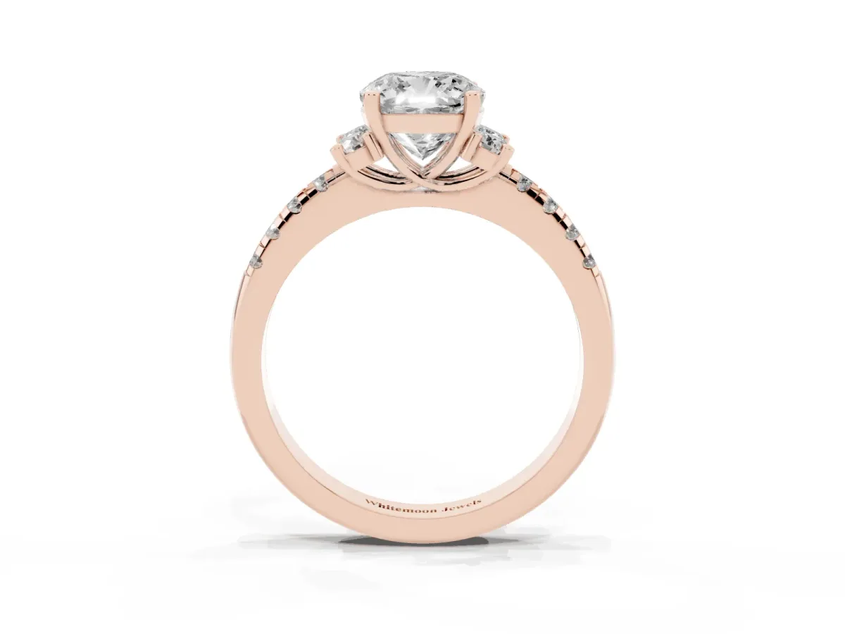 Cushion Cut Diamond Three-Stone Pave Band with Four-Prong Setting Rose gold