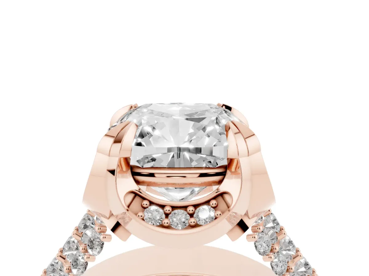 Cushion Cut Solitaire Pave Split Shank Ring with Four-Prong Setting Rose gold