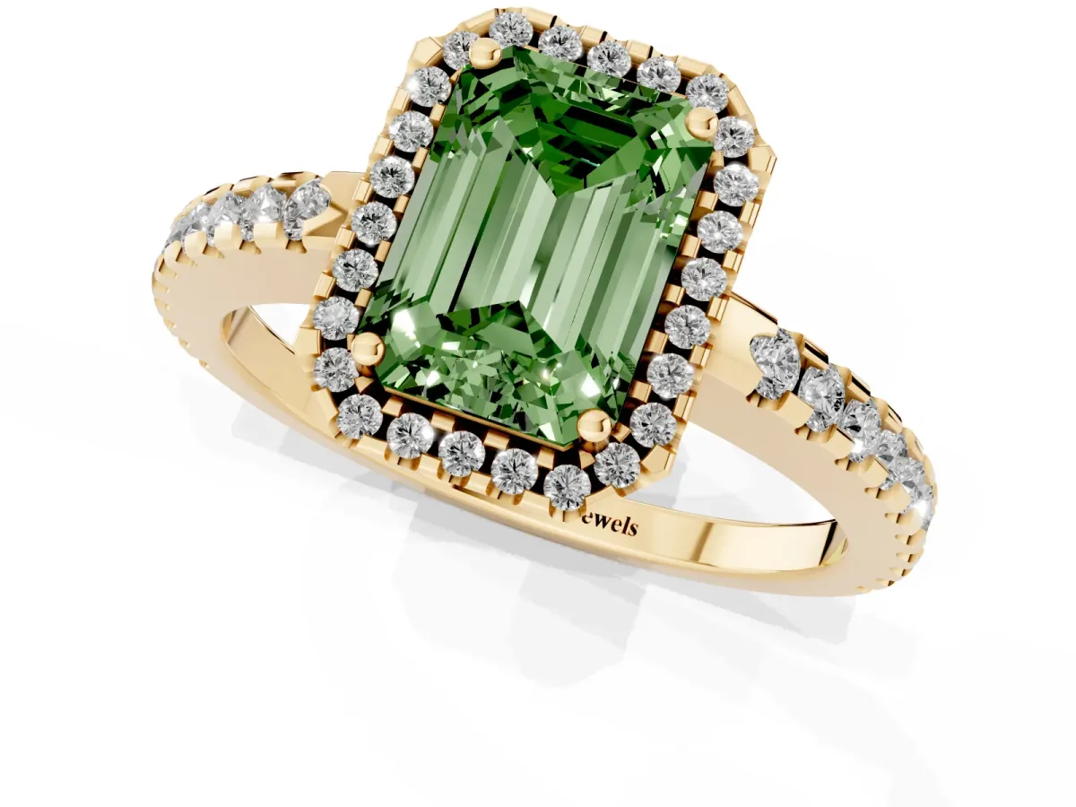 Fancy Green Emerald Cut Diamond Halo Engagement Ring with Pavé Band and Prong Setting Yellow gold