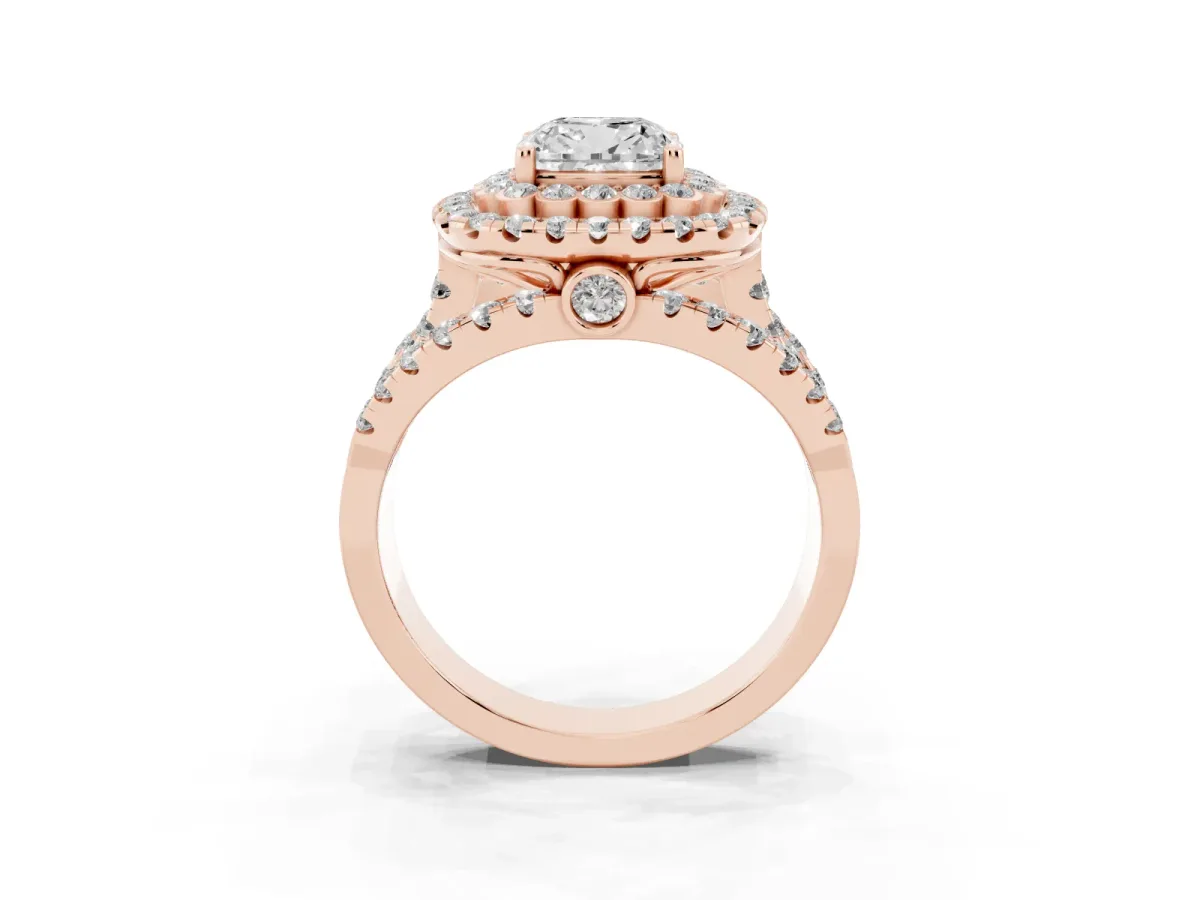 Cushion Cut Diamond Double Halo Ring with Round Pavé Split Shank and Prong Setting Rose gold