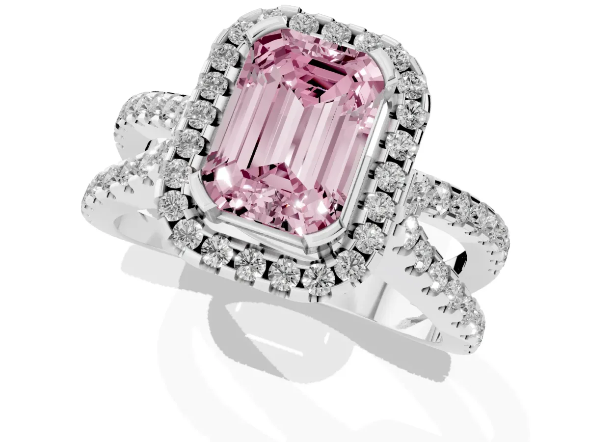 Fancy Pink Emerald Cut Diamond Halo Ring with Split Shank Pavé Band and Prong Setting Silver