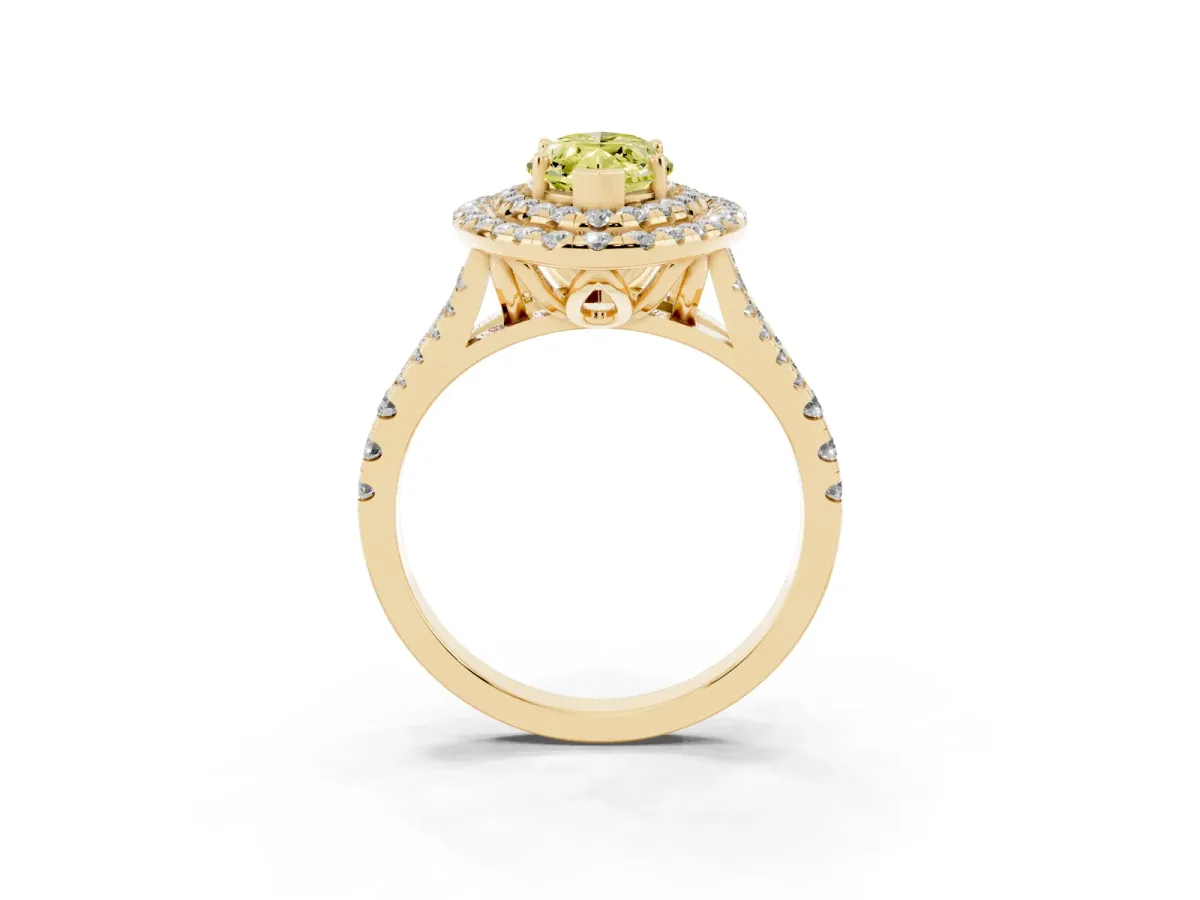 Fancy Yellow Double Halo Marquise Cut Diamond Pavé Split Shank Ring with Prong Setting Yellow gold