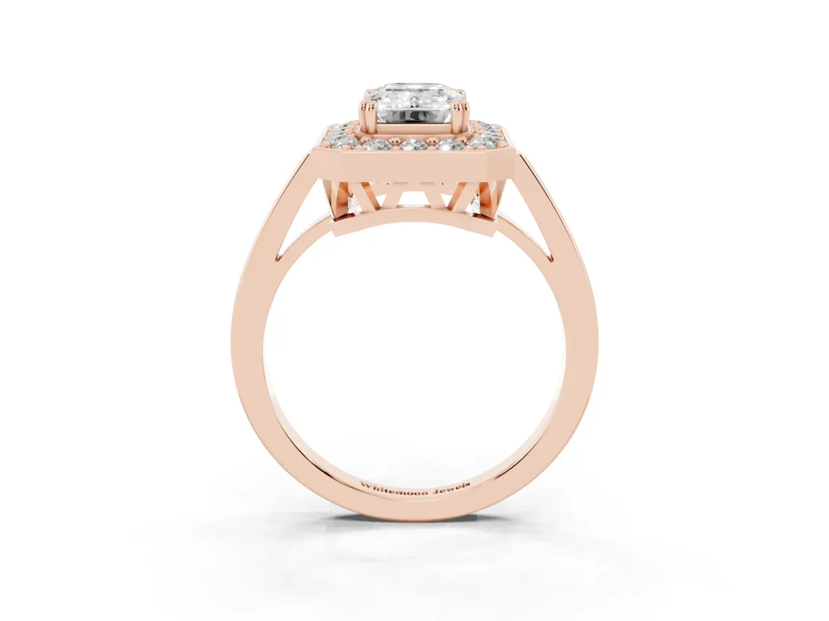 Emerald Cut Diamond Halo Ring with Split Shank and Four-Prong Setting Rose gold