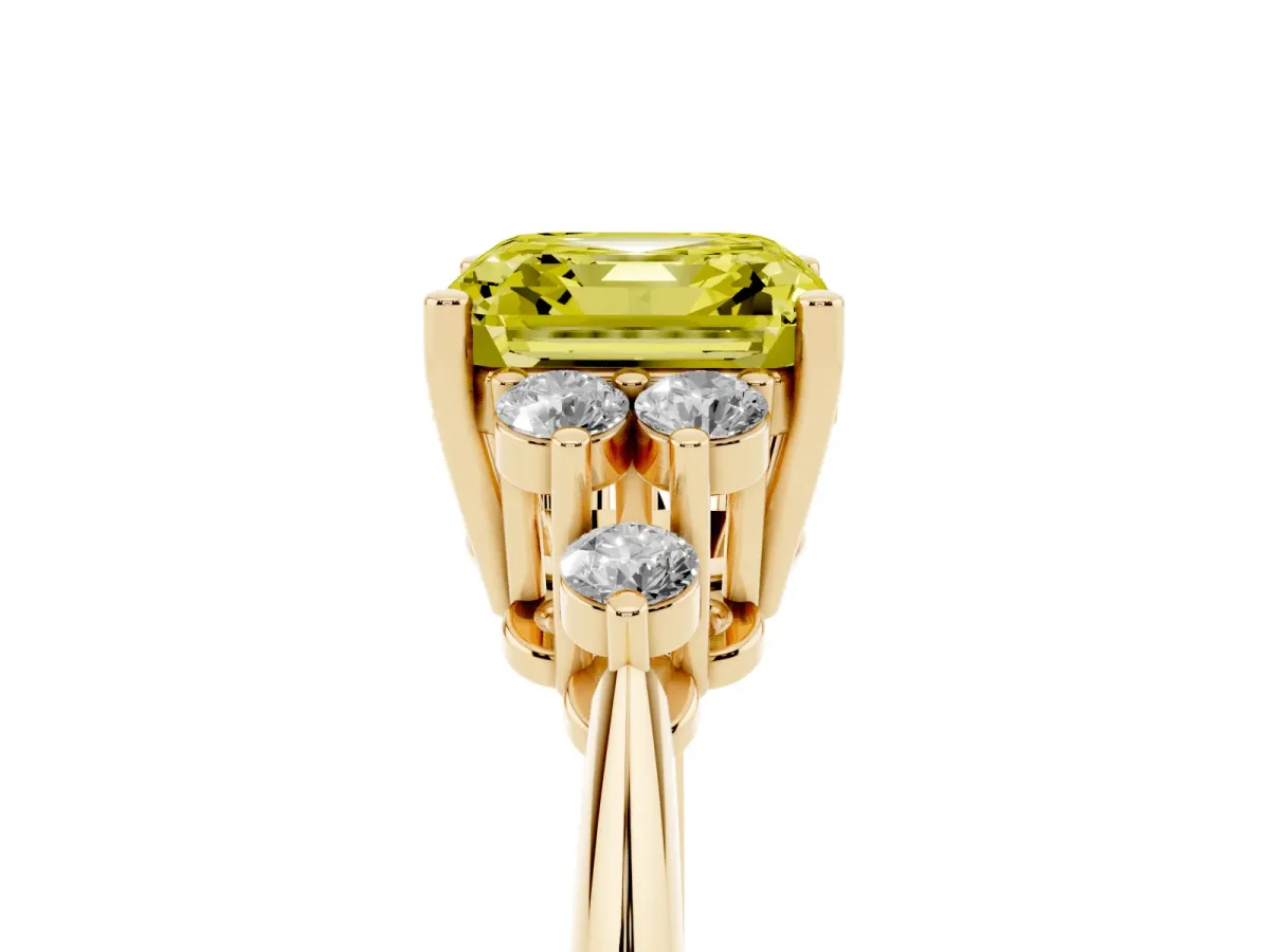 Fancy Yellow Asscher Cut Cut Diamond Cluster Ring with Solitaire Band and Four-Prong Setting Yellow gold