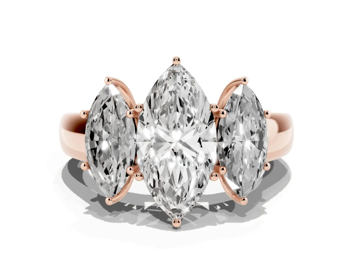 Three-Stone Marquise Cut Cut Diamond Ring with Prong Setting and Classic Band Rose gold