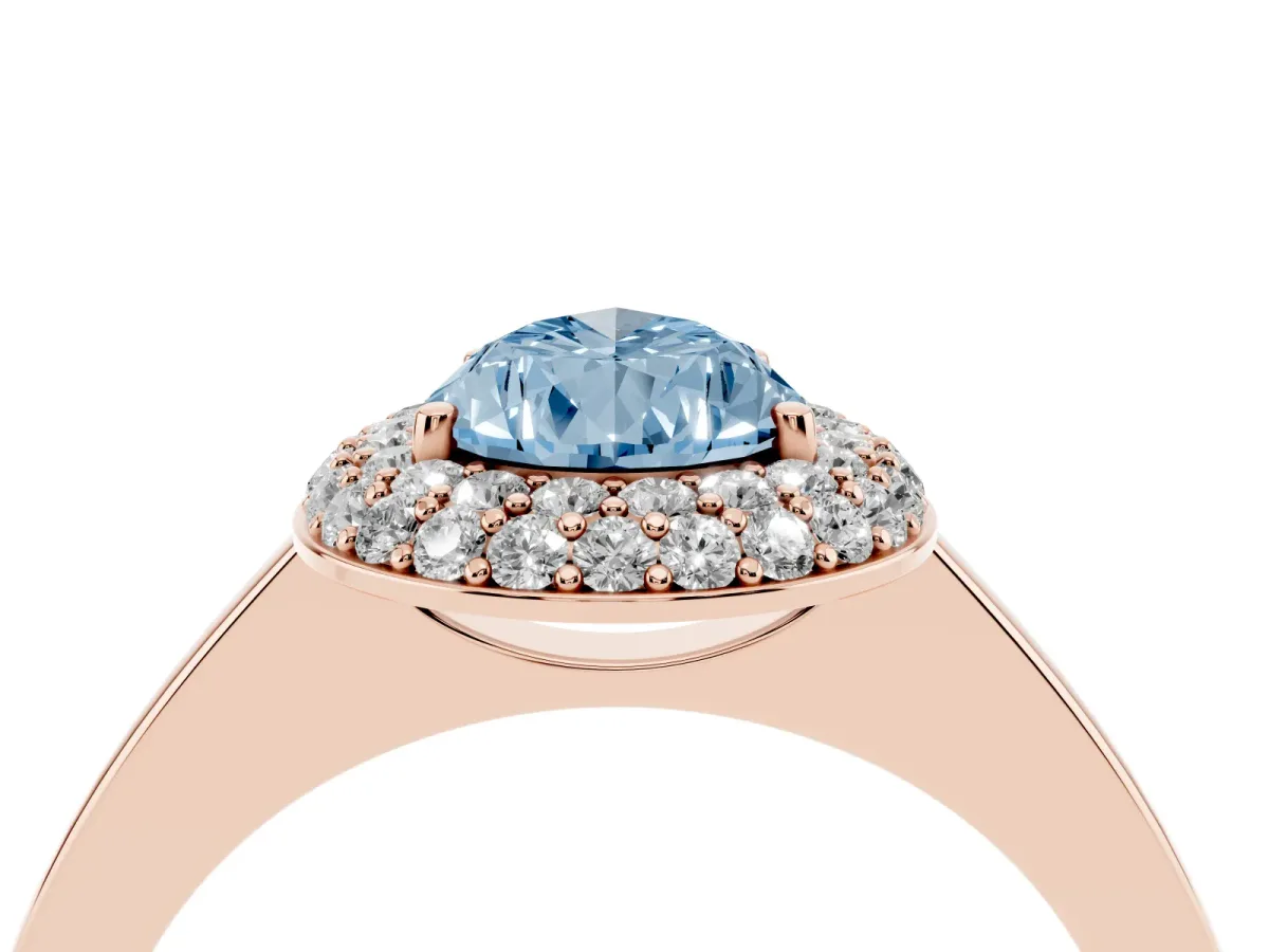 Fancy Blue Pear Cut Halo Diamond Engagement Ring with Solitaire Band and Four-Prong Setting Rose gold