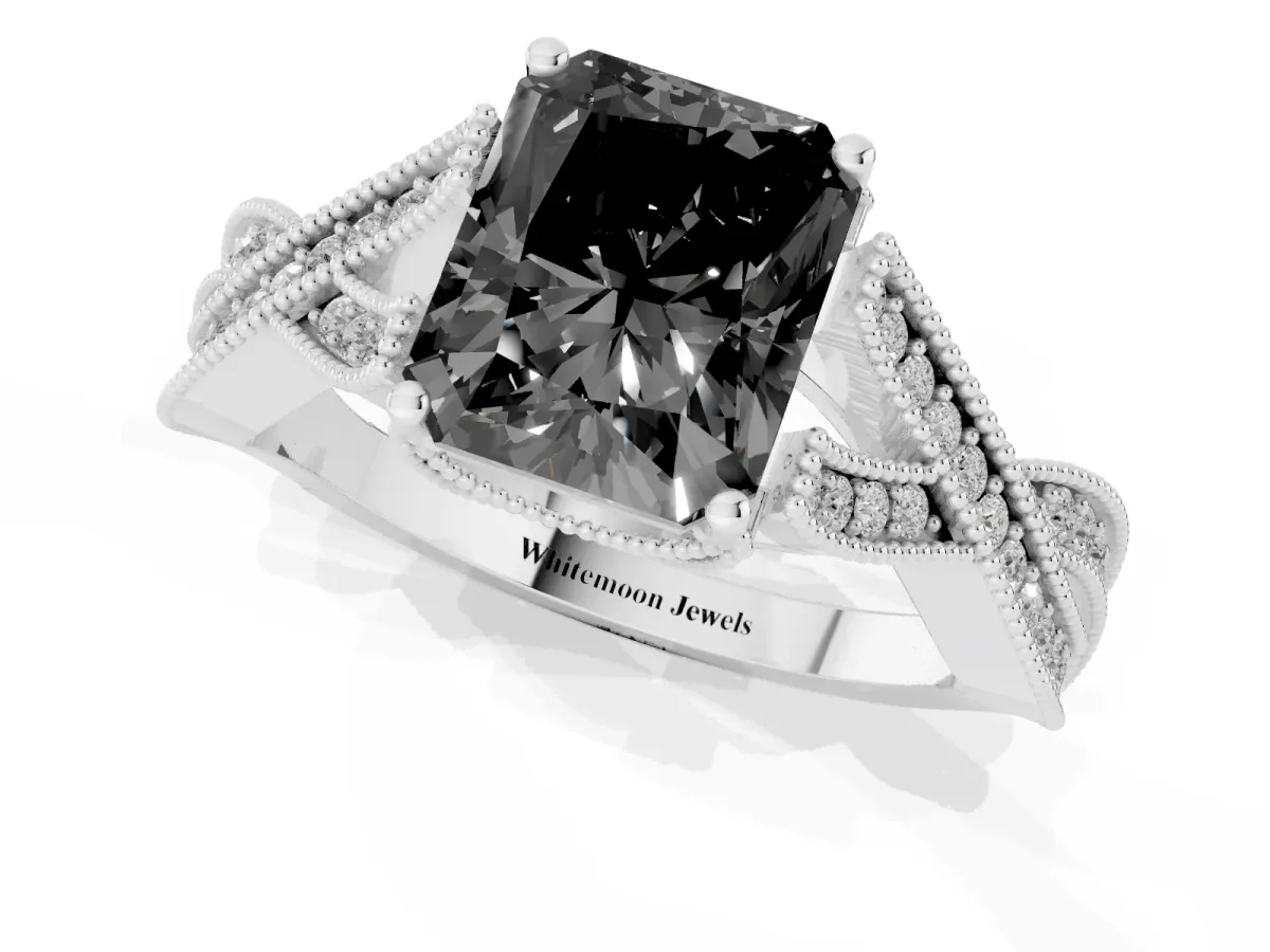 Fancy Black Radiant Cut Cut Diamond Twisted Band with Milgrain Pave Setting and Four-Prong Setting Silver