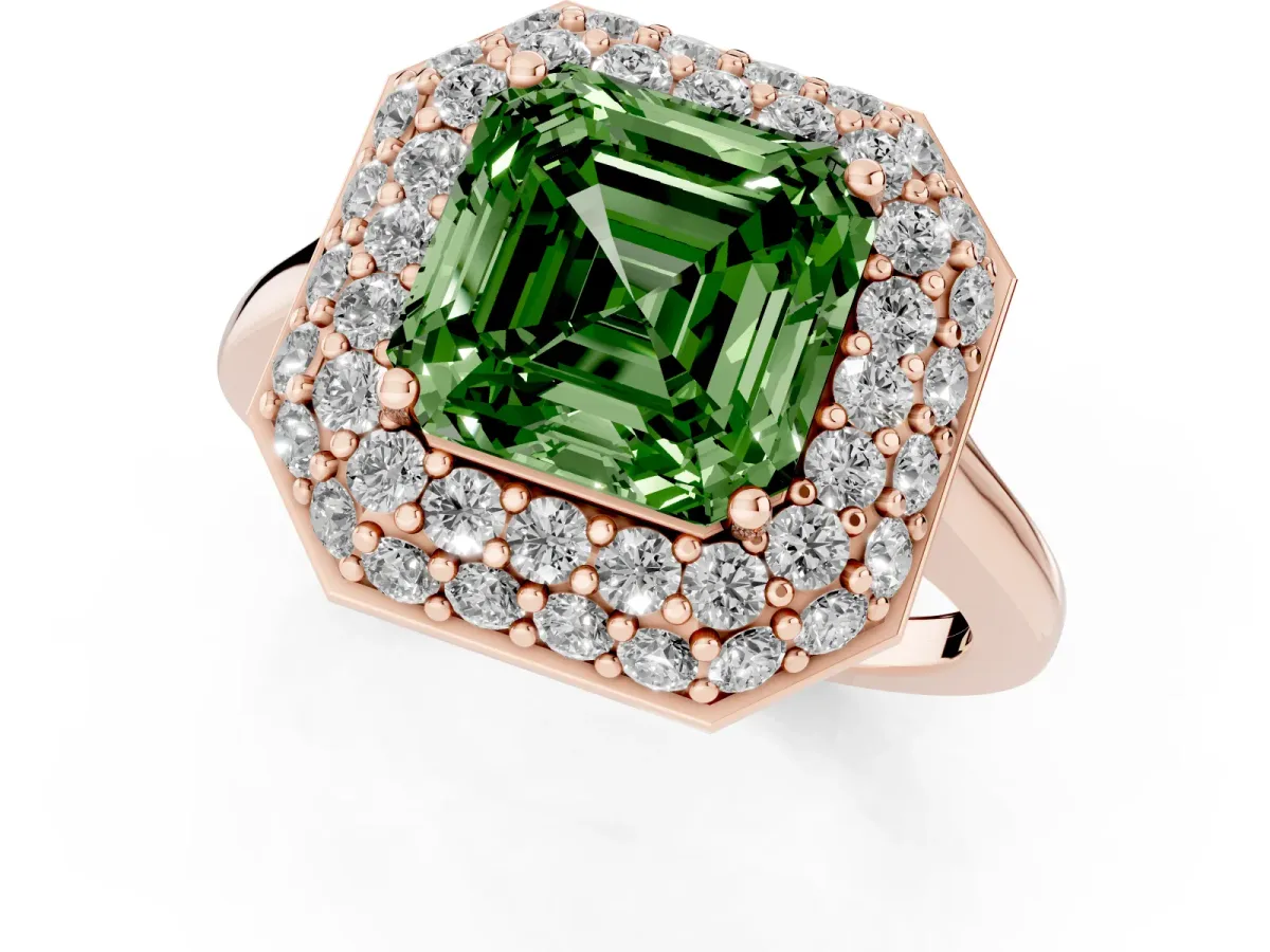 Fancy Green Asscher Cut Halo Diamond Engagement Ring with Solitaire Band and Four-Prong Setting Rose gold