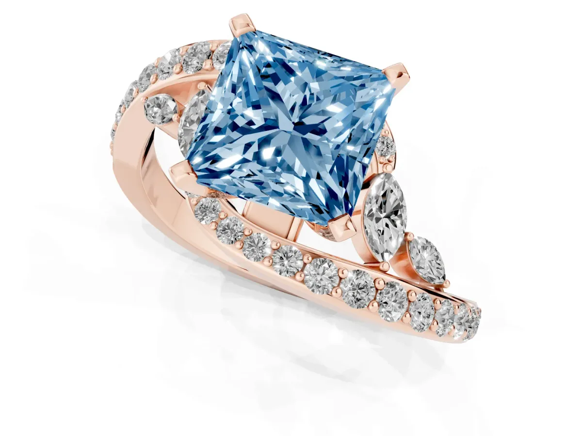 Fancy Blue Princess Cut Solitaire with Pavé Twist Band and Four-Prong Setting Rose gold