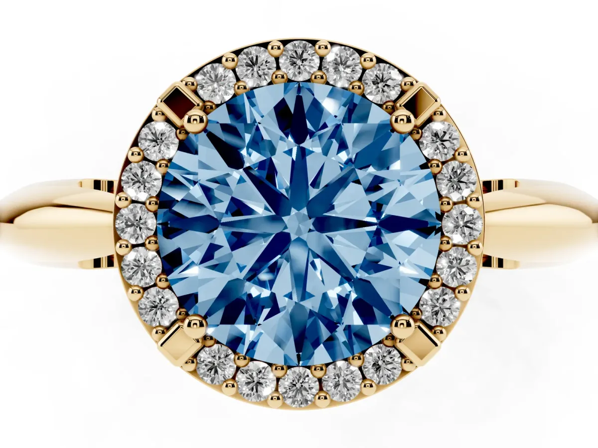 Fancy Blue Round Cut Cut Diamond Halo Engagement Ring with Split Shank and Four-Prong Setting Yellow gold