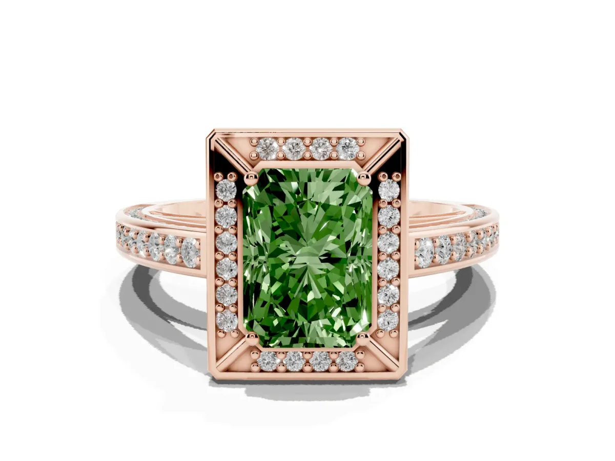 Fancy Green Radiant Cut Cut Halo Pave Split Shank Prong Setting Ring Rose gold