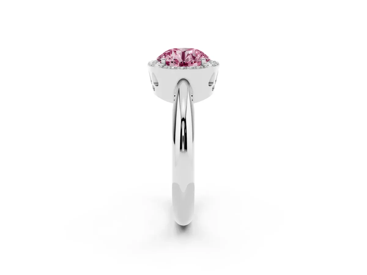Fancy Pink Round Cut Cut Diamond Halo Engagement Ring with Split Shank and Four-Prong Setting Silver