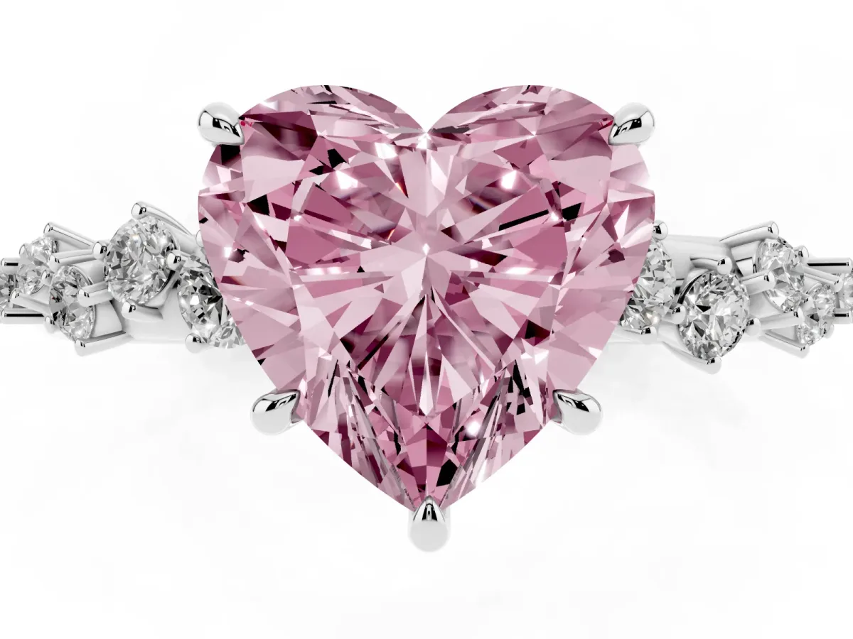 Fancy Pink Heart Cut Diamond Cluster Side Stone Solitaire Ring with Prong Setting Silver