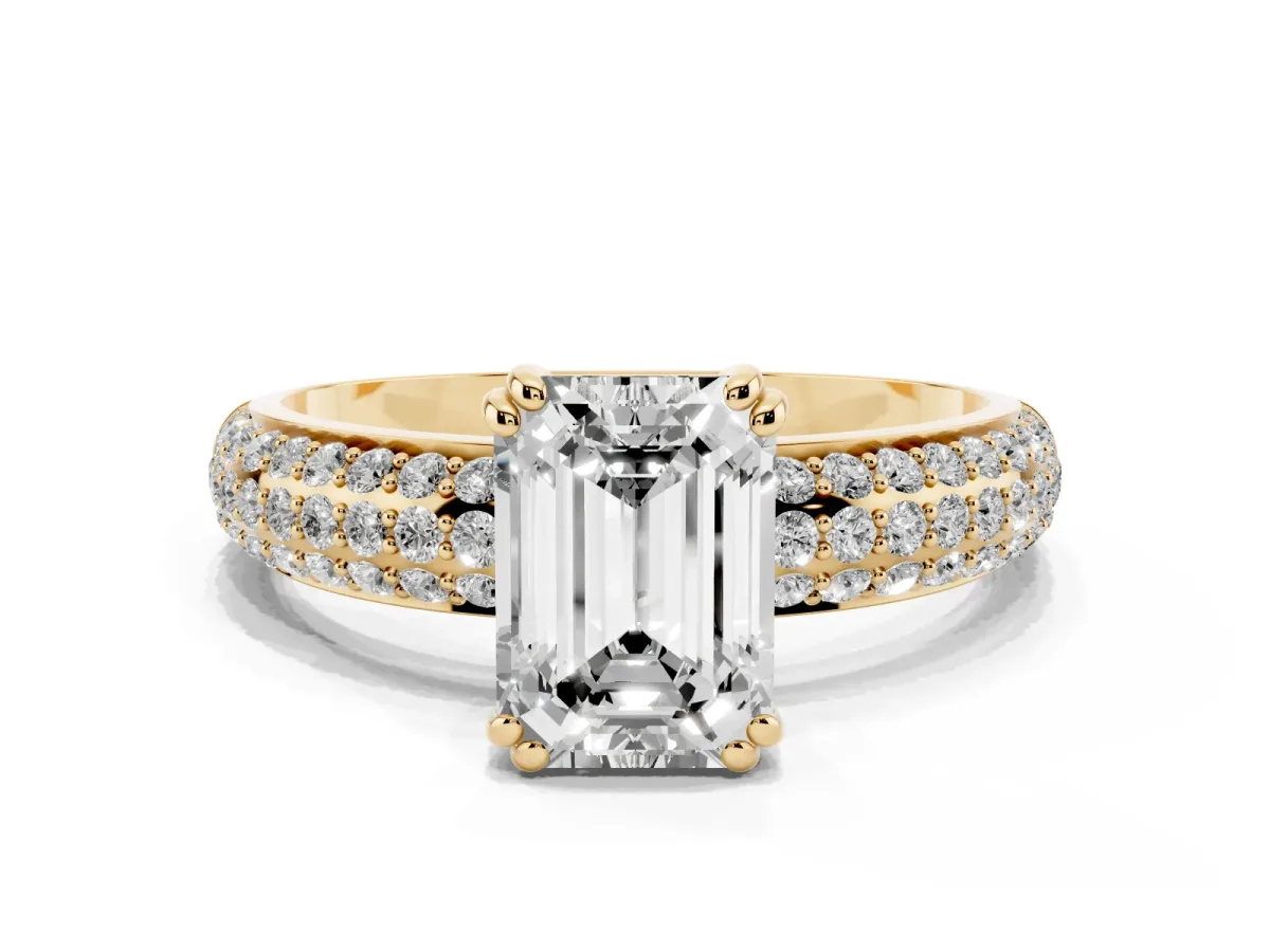Emerald Cut Diamond Solitaire Ring with Multi-Row Round Pavé Band and Prong Setting Yellow gold