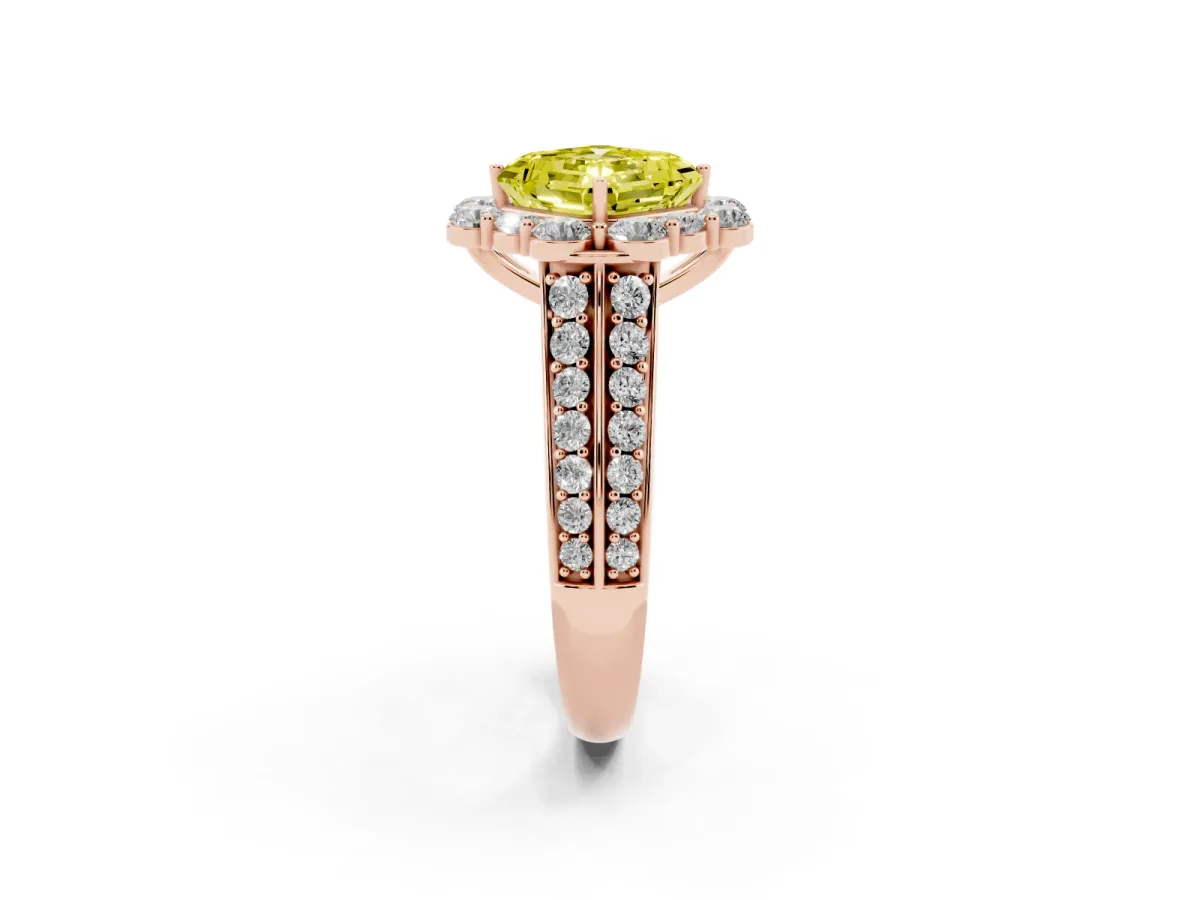 Fancy Yellow Asscher Cut Halo Diamond Engagement Ring with Split Shank and Prong Setting Rose gold
