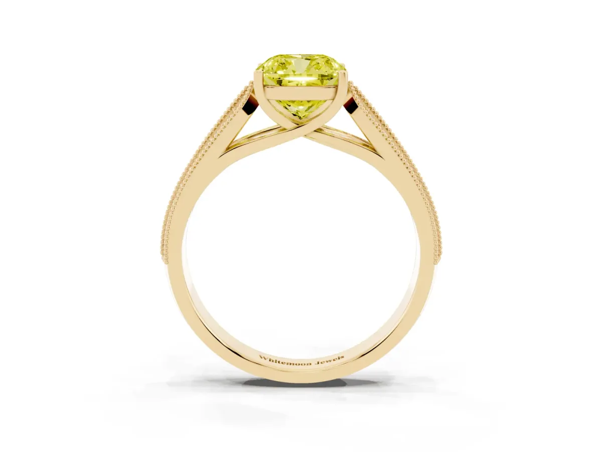 Fancy Yellow Cushion Cut Cut Pave Split Shank Engagement Ring with Four-Prong Setting Yellow gold