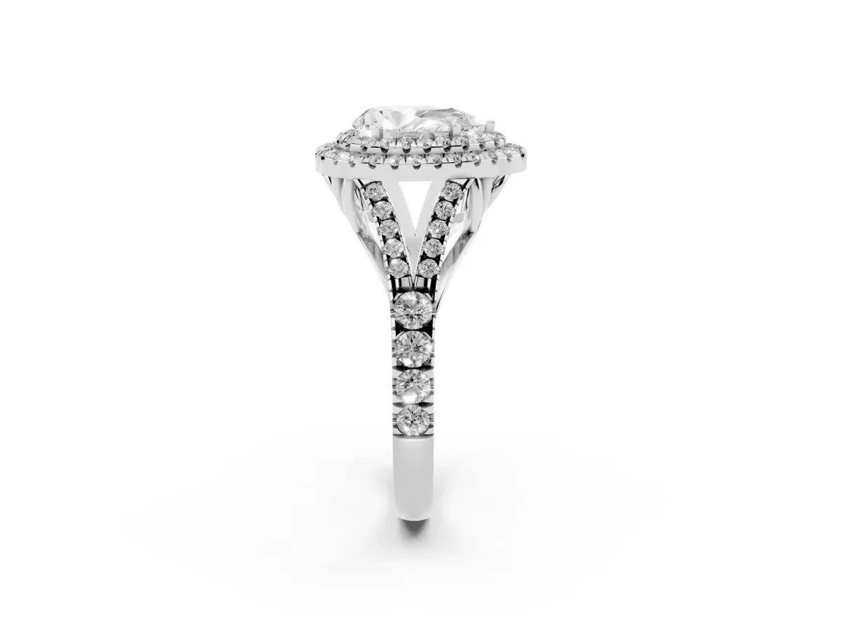 Pear Cut Diamond Double Halo Ring with Split Shank and Prong Setting White gold