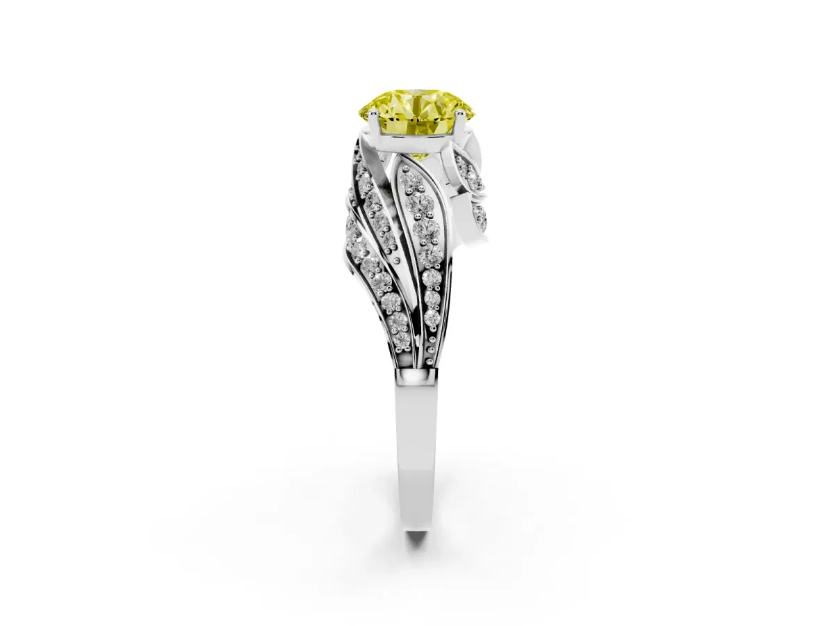 Fancy Yellow Round Cut Diamond Solitaire Ring with Prong Setting and Twisted Pavé Band Silver