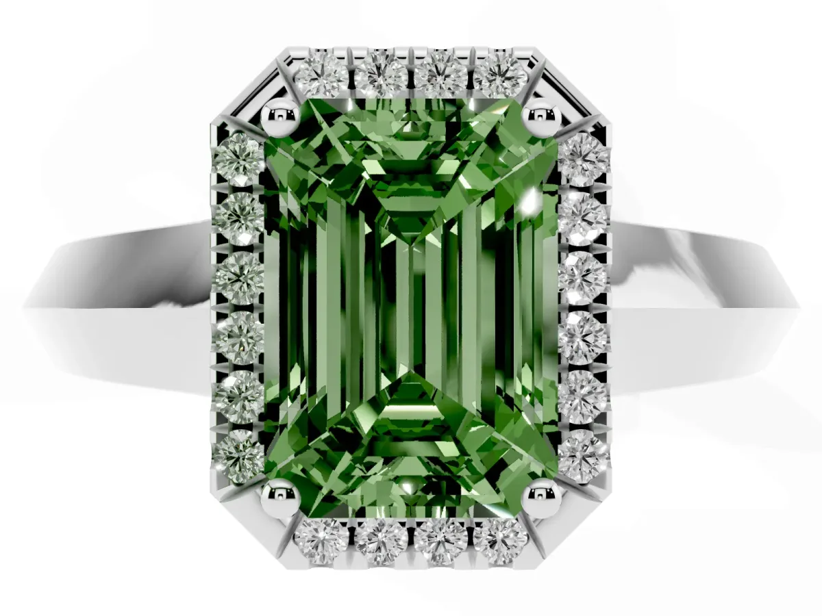 Fancy Green Emerald Cut Halo Diamond Ring with Cathedral Band and Four-Prong Setting Platinum