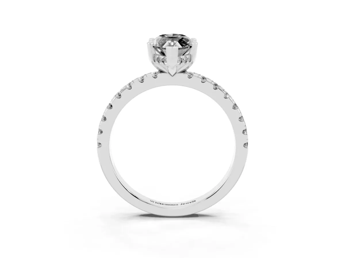 Fancy Black Marquise Cut Diamond Solitaire Ring with Round Pavé Band and Four-Prong Setting Silver