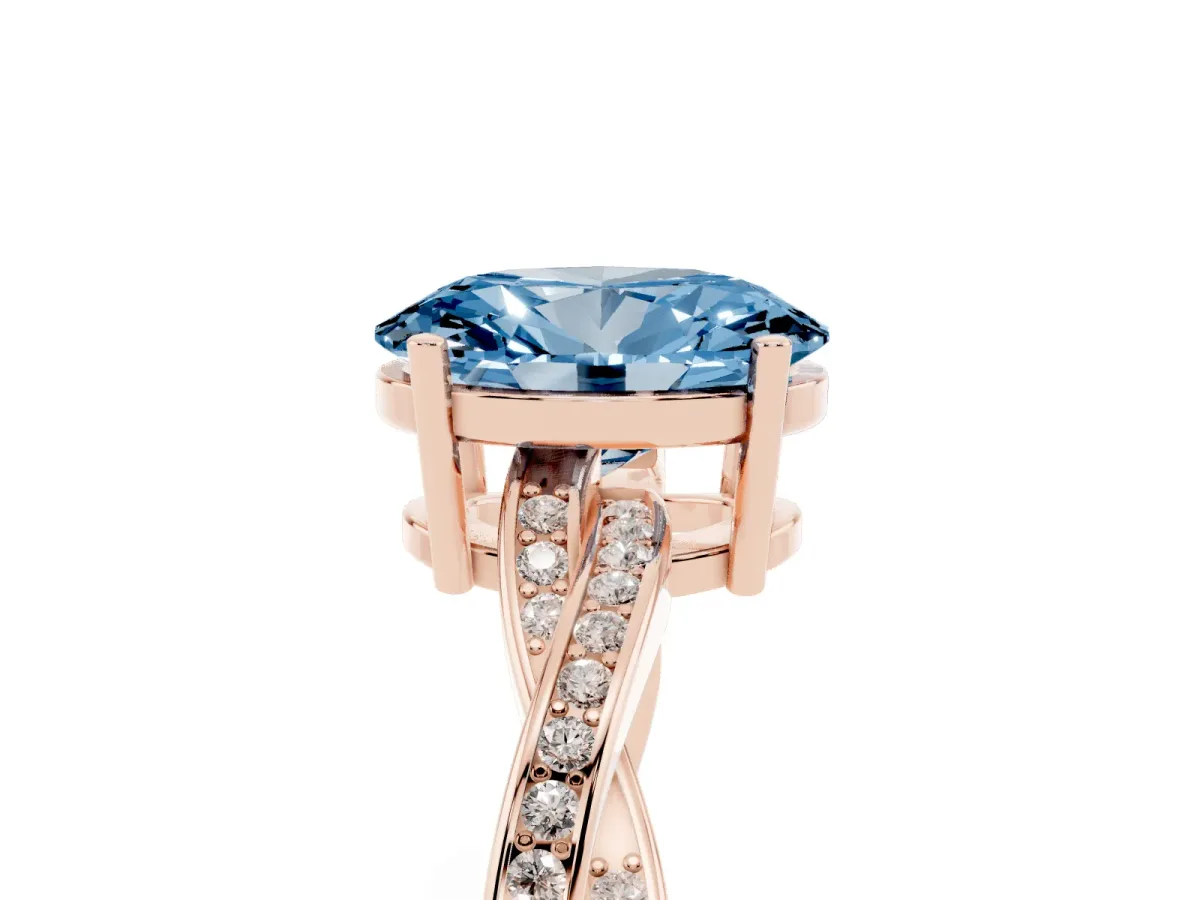Fancy Blue Oval Cut Solitaire Twisted Pave Diamond Ring with Four-Prong Setting Rose gold