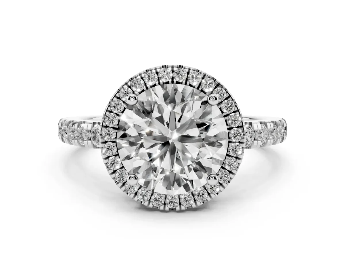 Round Cut Diamond Halo Ring with Pavé Band and Four-Prong Setting Platinum