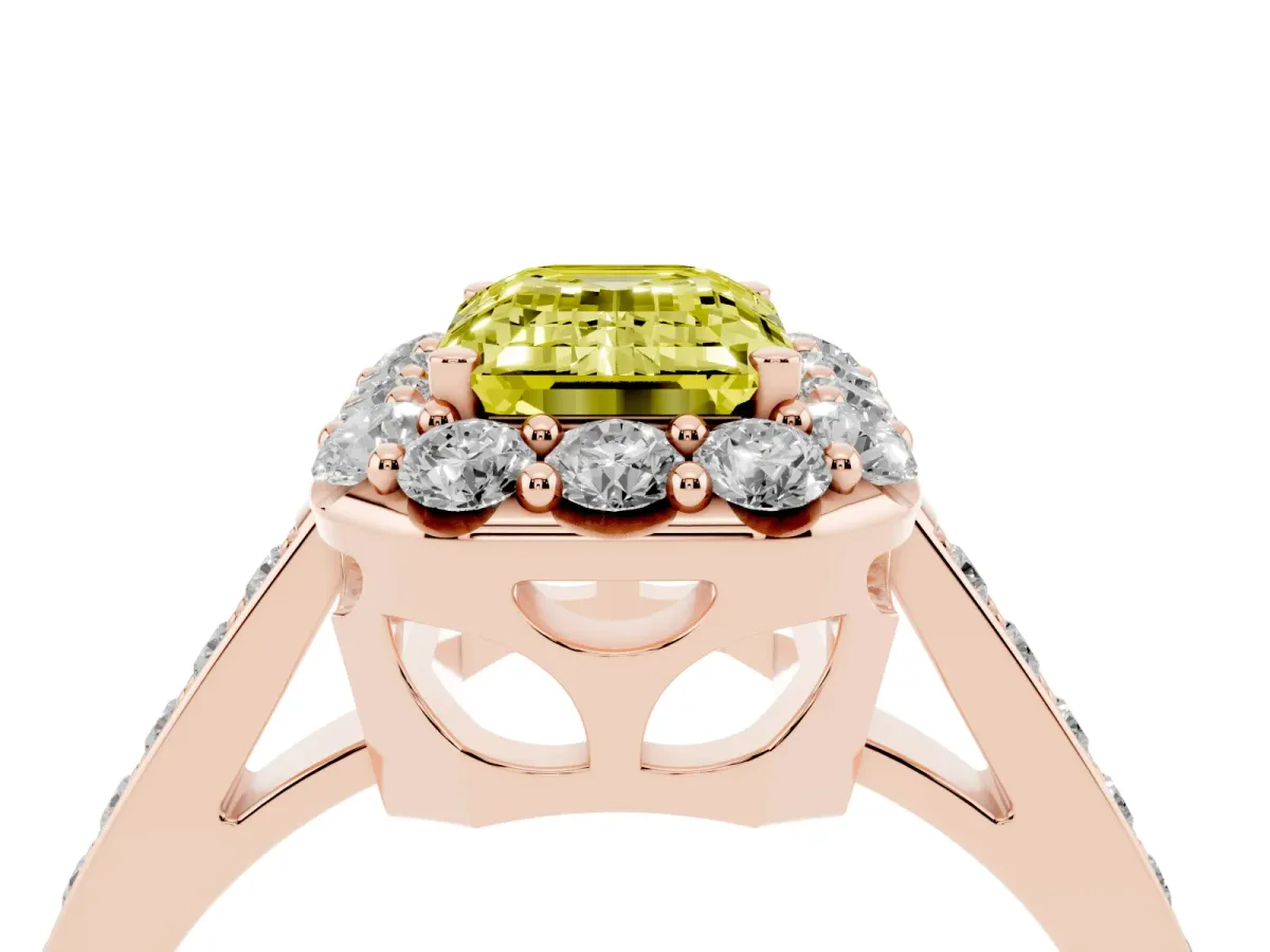 Fancy Yellow Emerald Cut Diamond Floral Halo Ring with Pavé Band and Prong Setting Rose gold