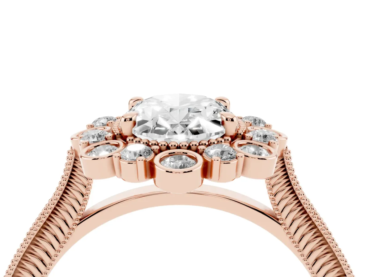 Oval Cut Halo Milgrain Pave Diamond Ring with Four-Prong Setting Rose gold