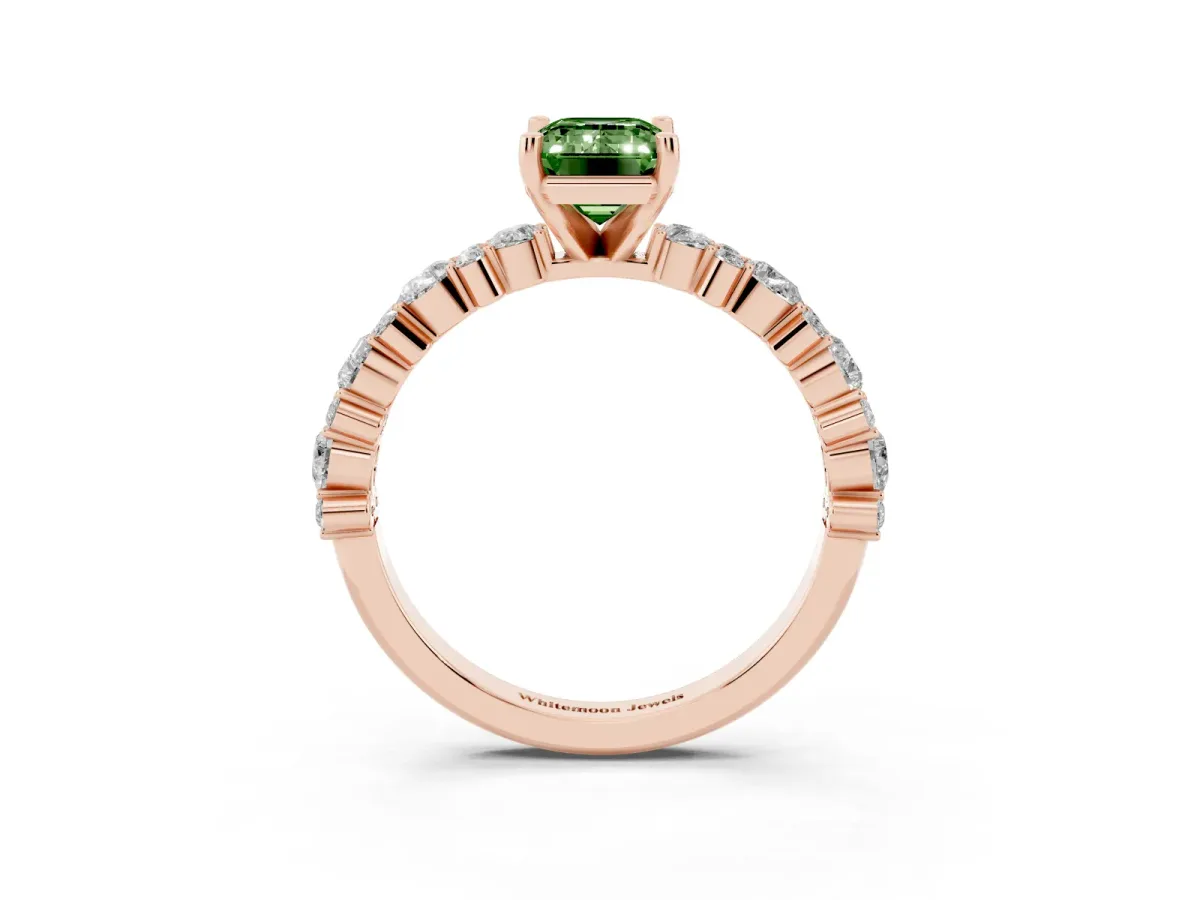 Fancy Green Emerald Cut Diamond Side Stone Solitaire Ring with Round and Four-Prong Setting Rose gold