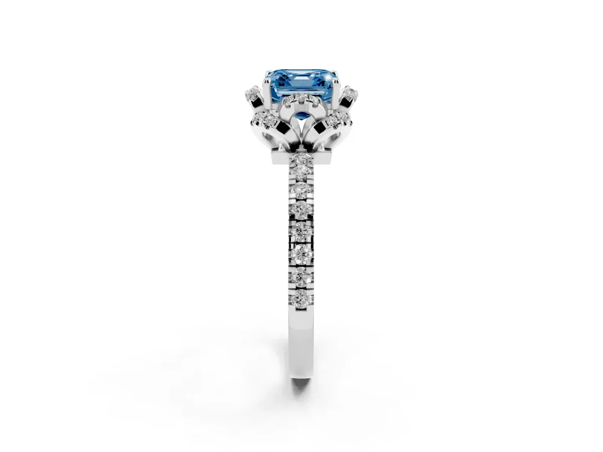 Fancy Blue Asscher Cut Diamond Halo Pave Band with Four-Prong Setting Silver