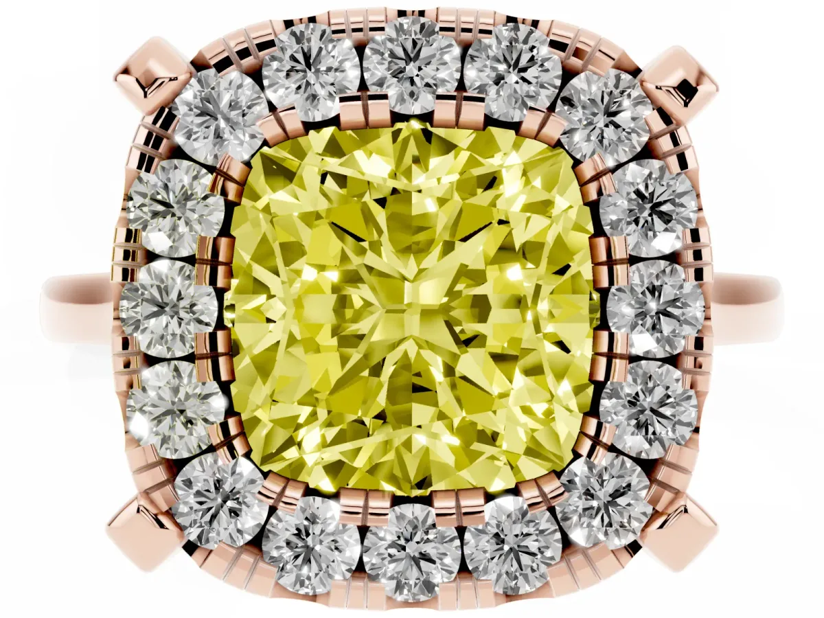Fancy Yellow Cushion Cut Diamond Cluster Halo Solitaire with Four-Prong Setting Rose gold