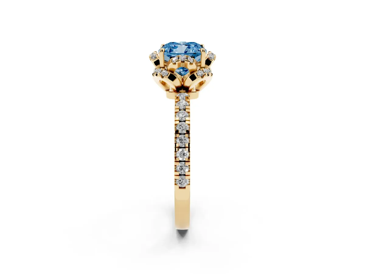 Fancy Blue Cushion Cut Halo Diamond Pave Band Ring with Four-Prong Setting Yellow gold