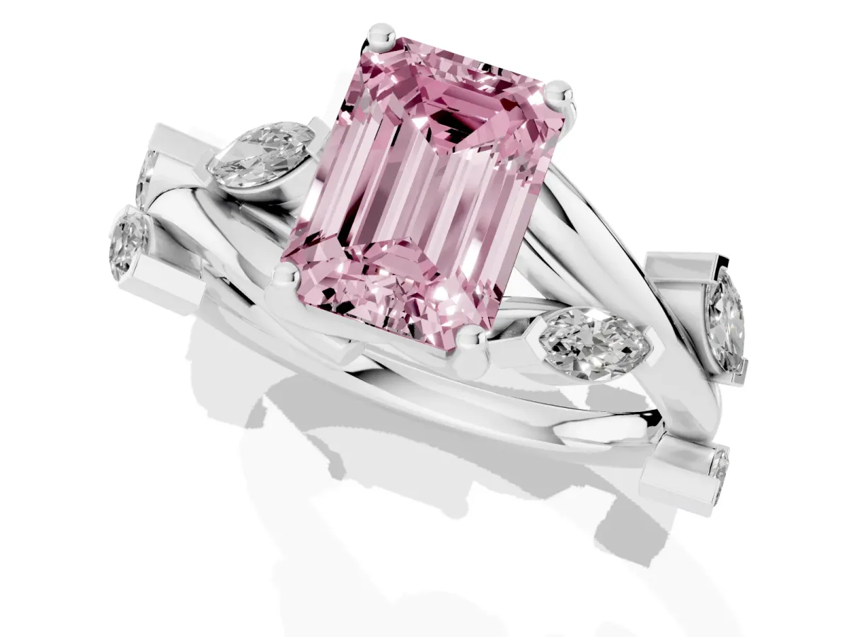 Fancy Pink Emerald Cut Solitaire Twisted Band Marquise Accent Prong Setting Ring Platinum