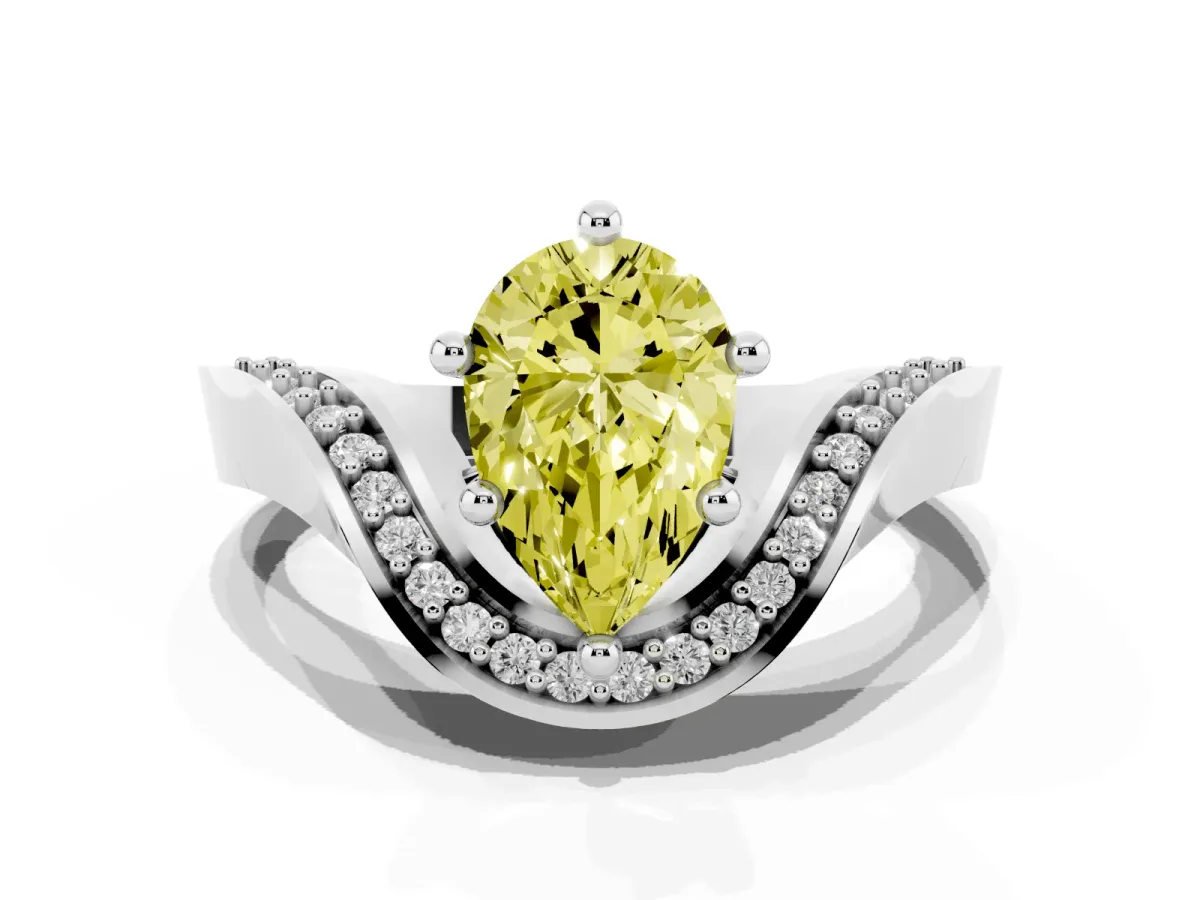 Fancy Yellow Pear Cut Solitaire Diamond Engagement Ring with Pave Band and Four-Prong Setting Silver