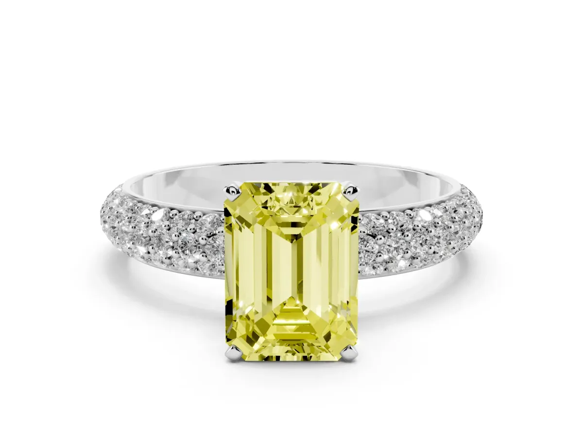 Fancy Yellow Emerald Cut Diamond Solitaire Ring with Prong Setting and Pavé Band Silver