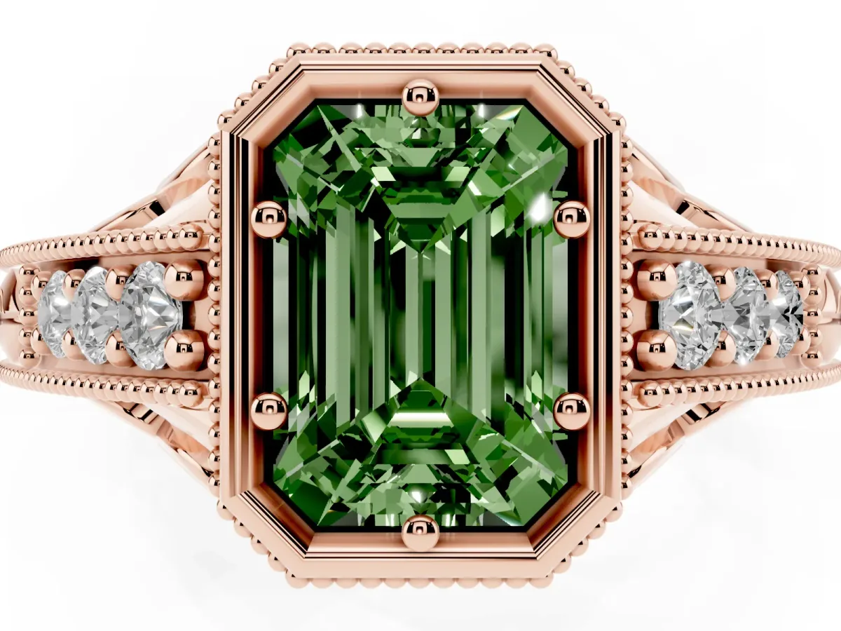 Fancy Green Bezel Set Emerald Cut Diamond Milgrain Pave Engagement Ring Rose gold