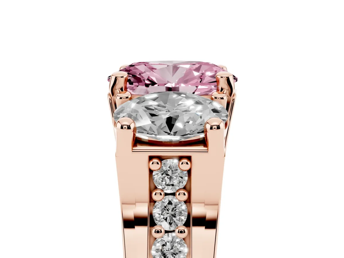 Fancy Pink Oval Cut Diamond Three-Stone Ring with Channel Set Band and Four-Prong Setting Rose gold