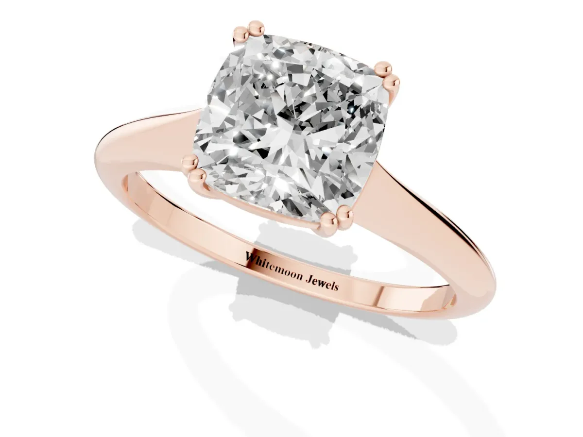 Cushion Cut Solitaire Diamond Ring with Six-Prong Setting and Classic Band Rose gold