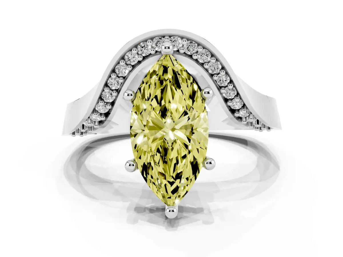 Fancy Yellow Marquise Cut Solitaire Diamond Engagement Ring with Pave Band and Four-Prong Setting White gold