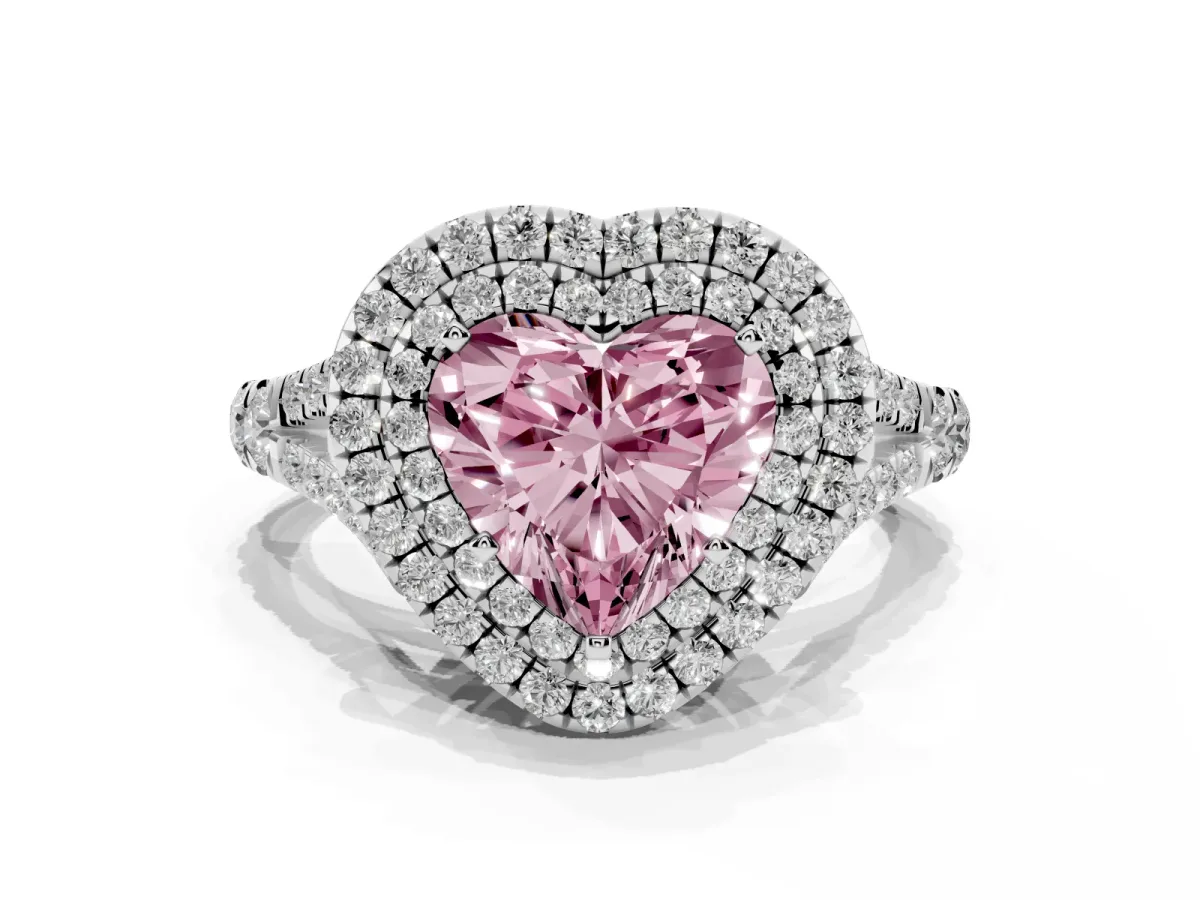 Fancy Pink Heart Cut Cut Double Halo Split Shank Diamond Ring with Prong Setting Platinum