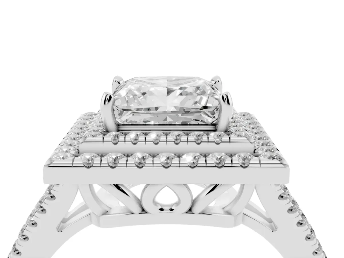 Princess Cut Diamond Double Halo Ring with Pavé Band and Prong Setting Silver