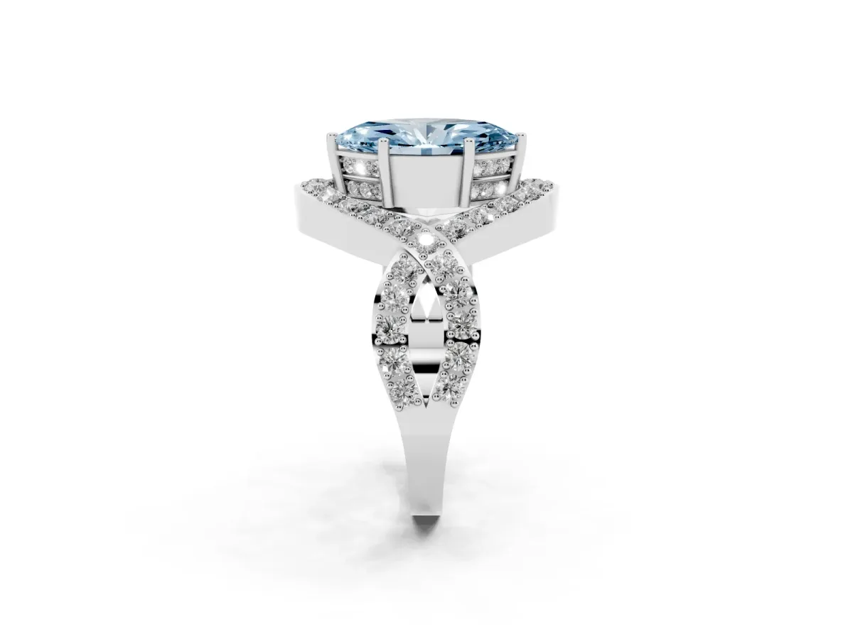 Fancy Blue Marquise Cut Solitaire Twist Band Pavé Diamond Engagement Ring White gold