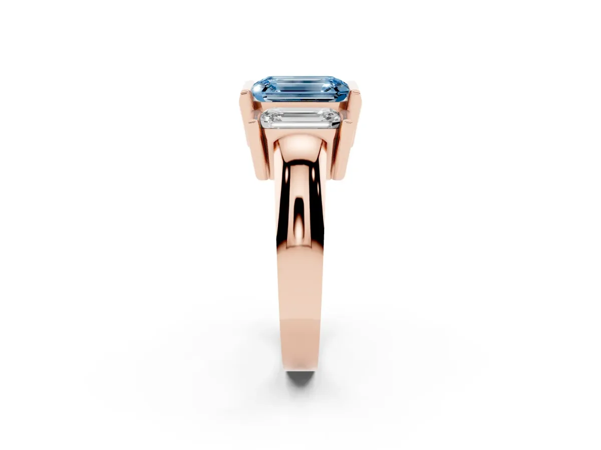 Fancy Blue Three Stone Emerald Cut Cut Channel Set Diamond Ring Rose gold