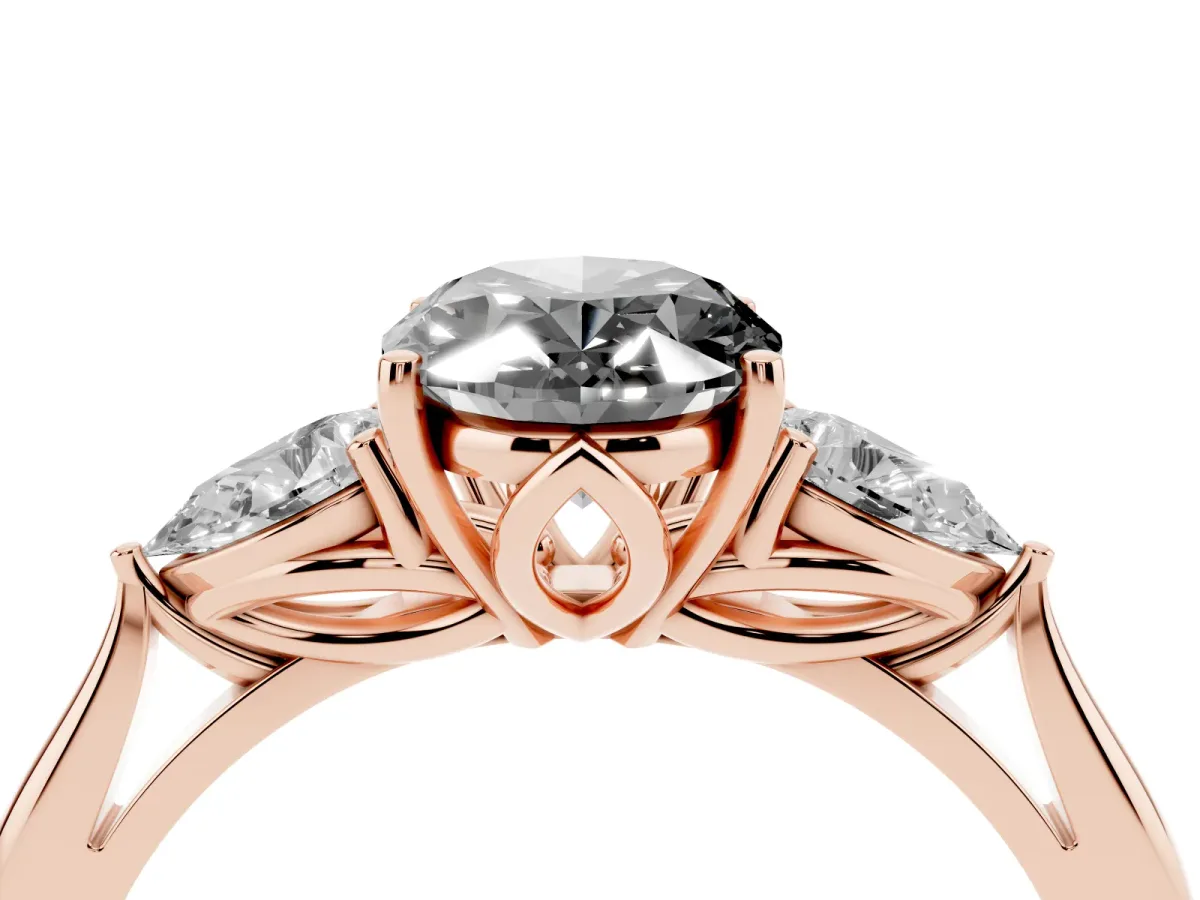 Fancy Black Oval Cut Diamond Three-Stone Ring with Pear Side Stones and Prong Setting Rose gold