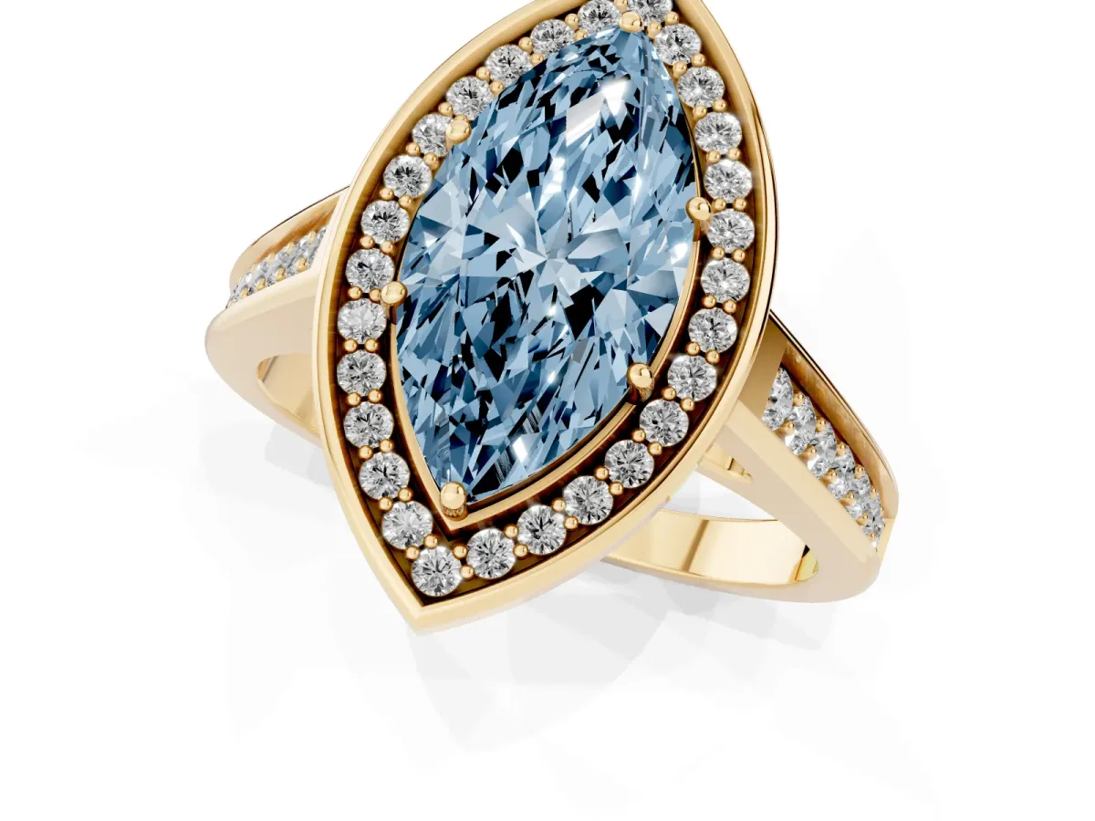Fancy Blue Marquise Cut Halo Solitaire Diamond Ring with Pave Band and Bezel Setting Yellow gold