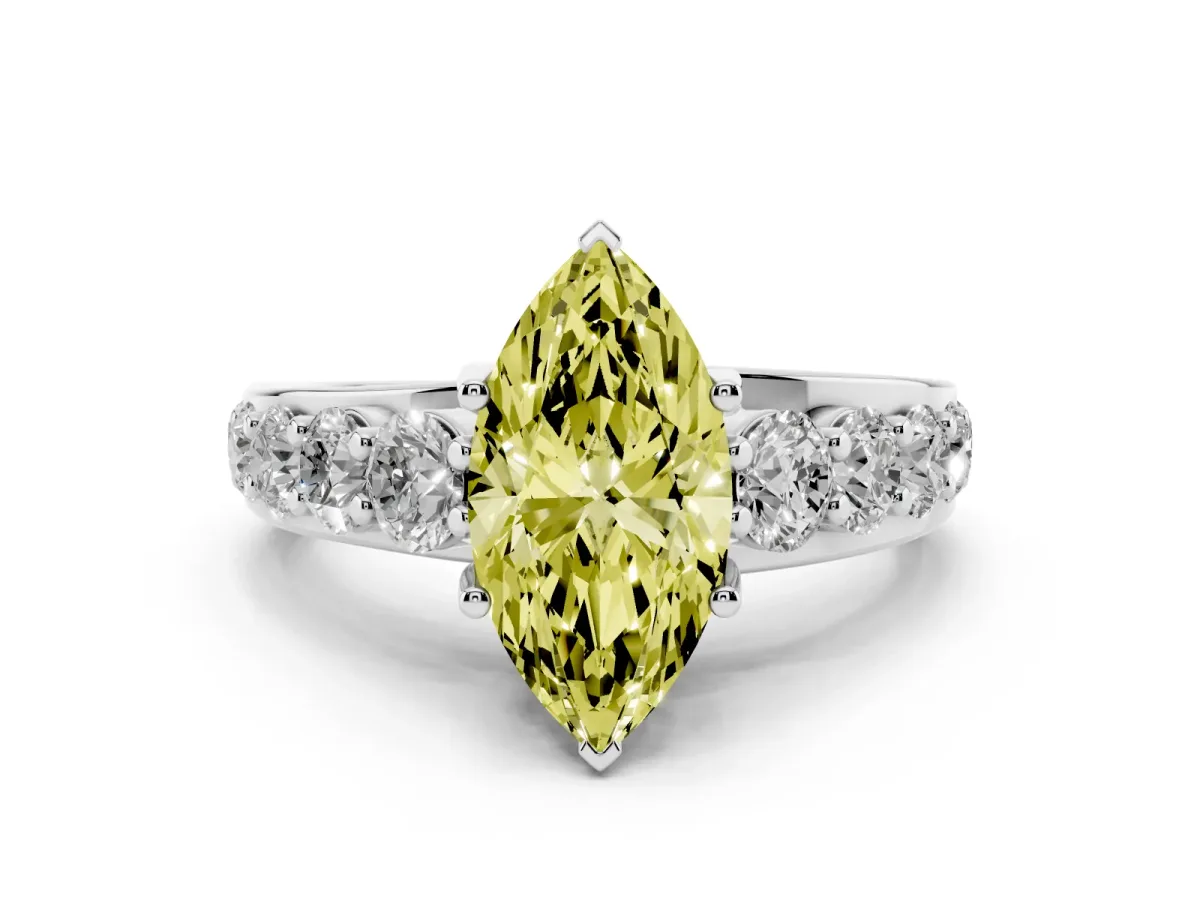 Fancy Yellow Marquise Cut Diamond Engagement Ring with Pavé Band and Four-Prong Setting Silver